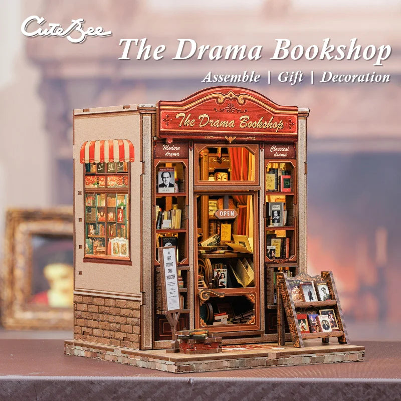 CUTEBEE Book Nook Kit DIY Doll House with LED Light Bookshelf Insert The Drama Bookshop Model Collection For Birthday Child Gift