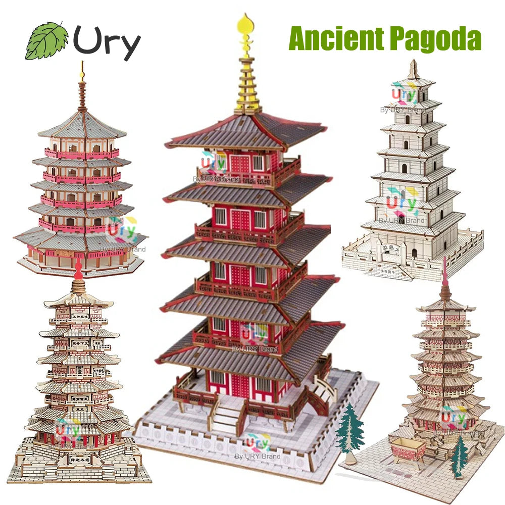 3D Wooden Puzzle Chinese Ancient Pagoda Architecture Mortise and Tenon Tower Model DIY Kits Toys Desk Decoration Gifts for Kids