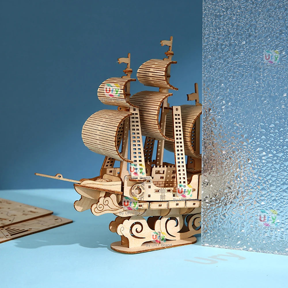 URY DIY 3D Wooden Puzzle Retro Style Sailboat Shipping Model Kits Toys Handmade Set Home Desktop Decoration Christmas Gifts