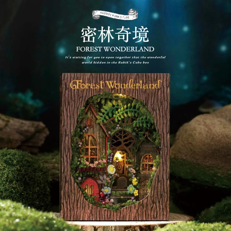DIY Mini Magic Cube Book House –FOREST WONDERLA No-Cut 3D Puzzle Kit with Flip-Page Design,Christmas Gift & Decorative Book Nook