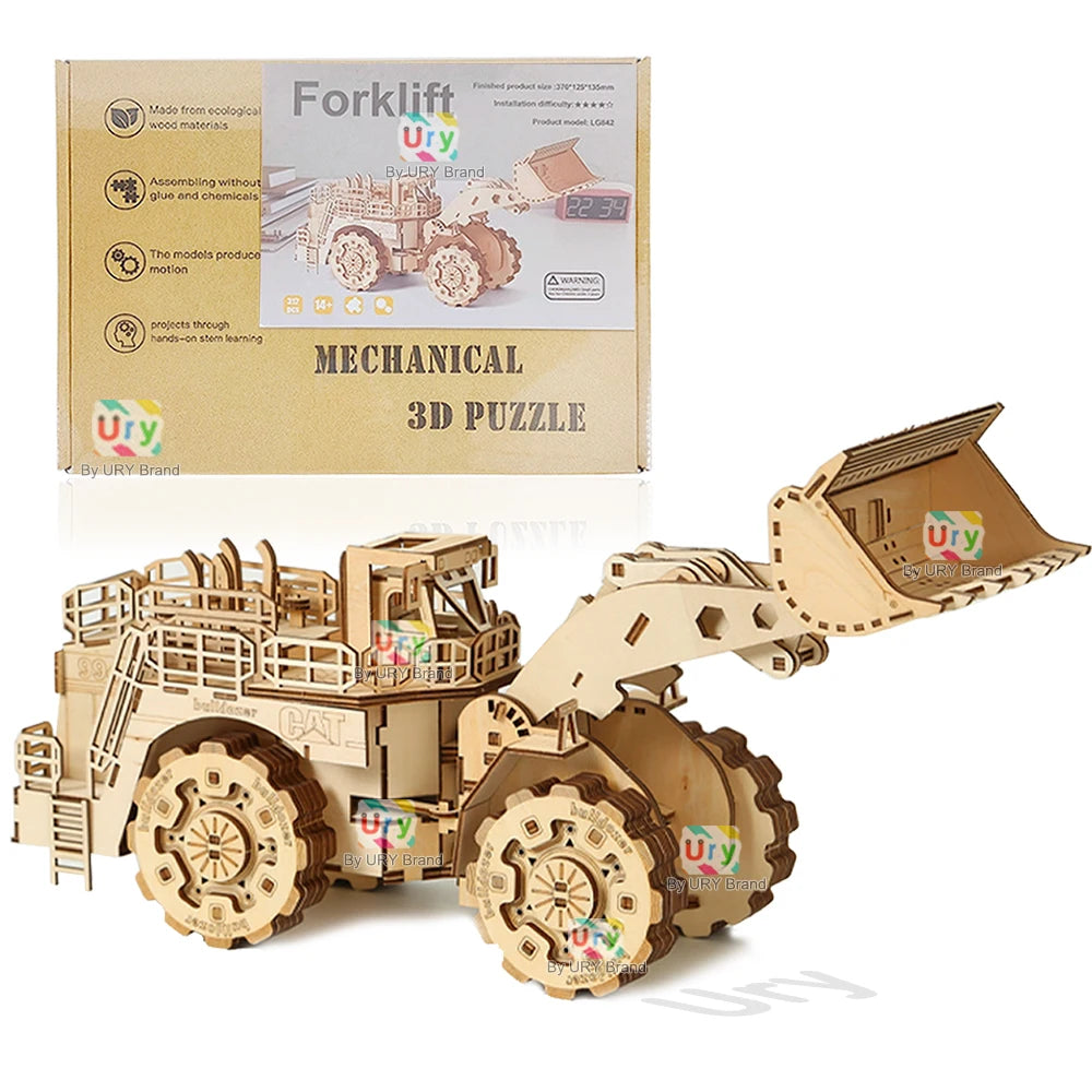 Ury 3D Wooden Puzzle Movable Engineering Vehicle Forklift Bulldozer Assembly Truck Car Model DIY Toys Decoration Gift for Kids
