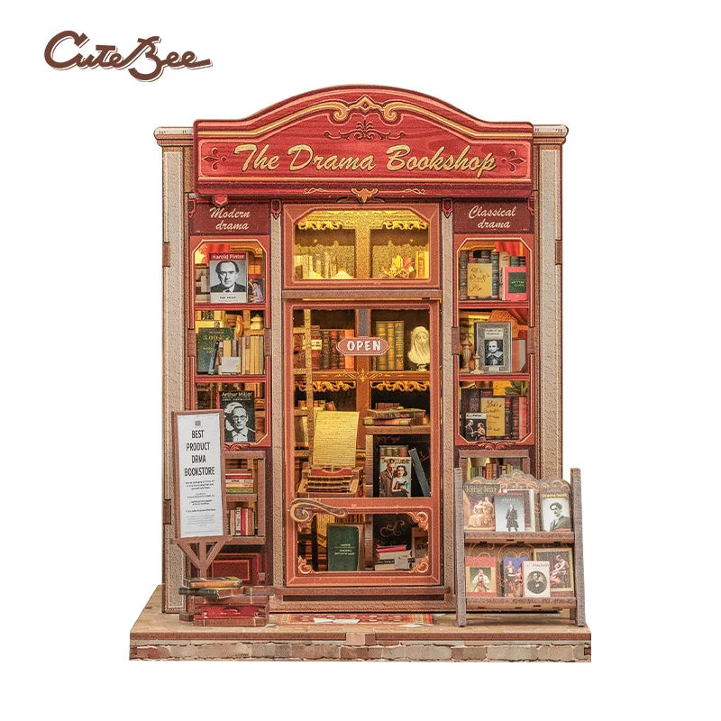 CUTEBEE Book Nook Kit DIY Doll House with LED Light Bookshelf Insert The Drama Bookshop Model Collection For Birthday Child Gift