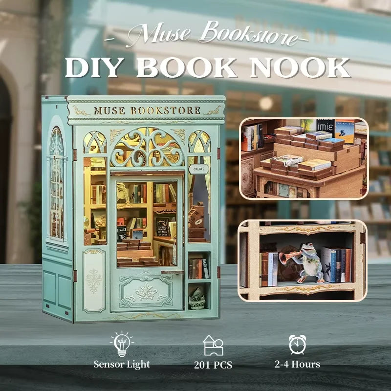 Cutebee DIY Mini Wooden Dollhouse With LED Light Doll House Muse Bookstore For City Walk Series DIY Miniature House Kit