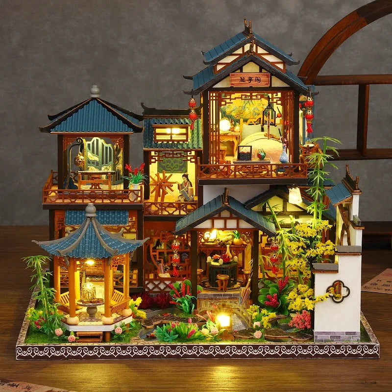 DIY Elegant Orchid Pavilion Miniature Kit - Handcrafted 3D Book Nook Model with Ancient Chinese Style, Creative Christmas Black