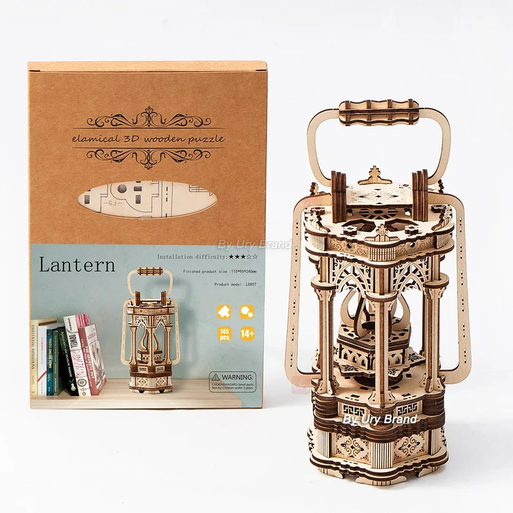 URY 3D Wooden Puzzle Lantern DIY Vintage Light Bedside Lamp Model Assembly Building Kits Desk Decoration Gift for Teens Adult