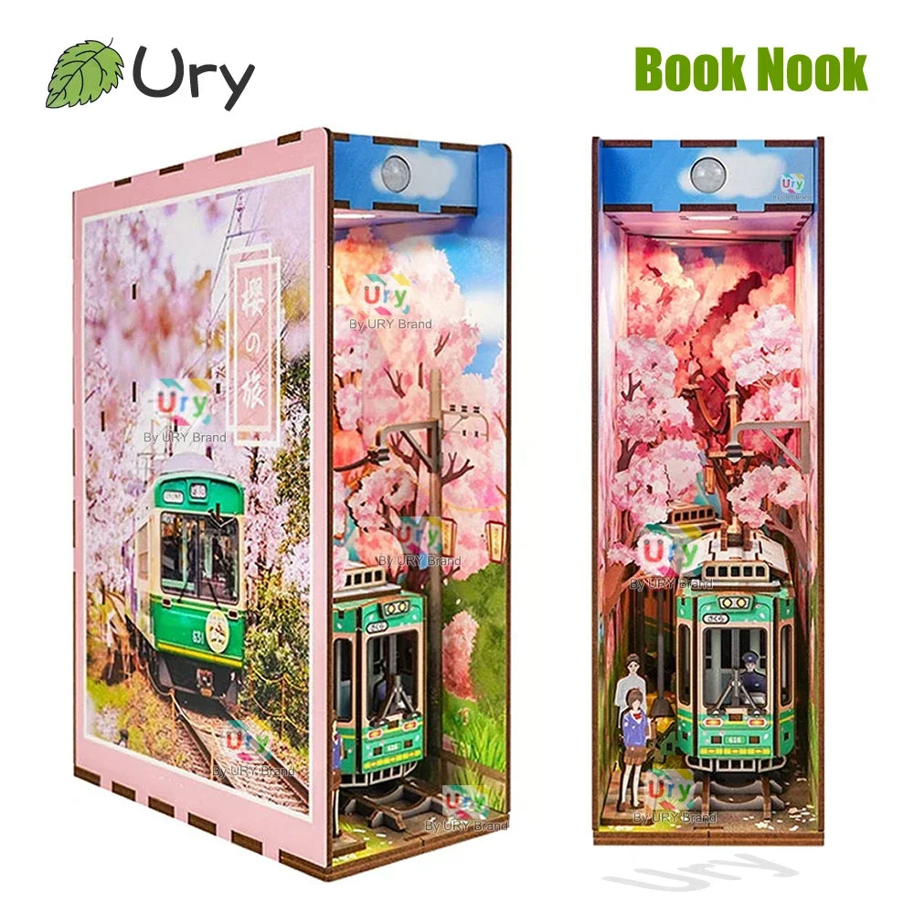 Ury 3D Wooden Puzzle Magic Japanese Style Cherry Blossoms Sakura Tram Station LED DIY Book Nook Shelf Insert for Girls Xmas Gift