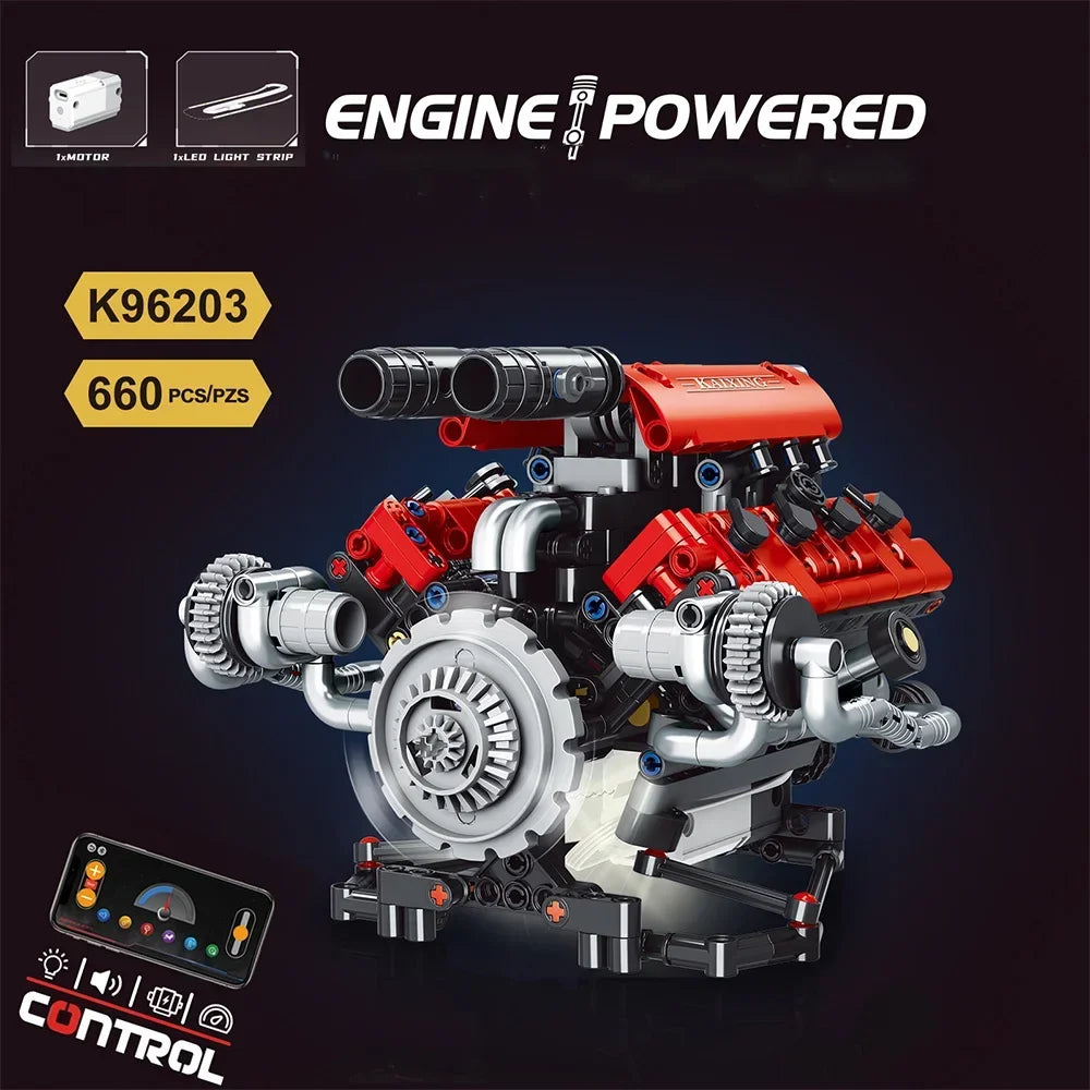 KAIXING K96203 660PCS Motorized V8 Engine Building Kit with LED & APP Control STEM Educational Toys