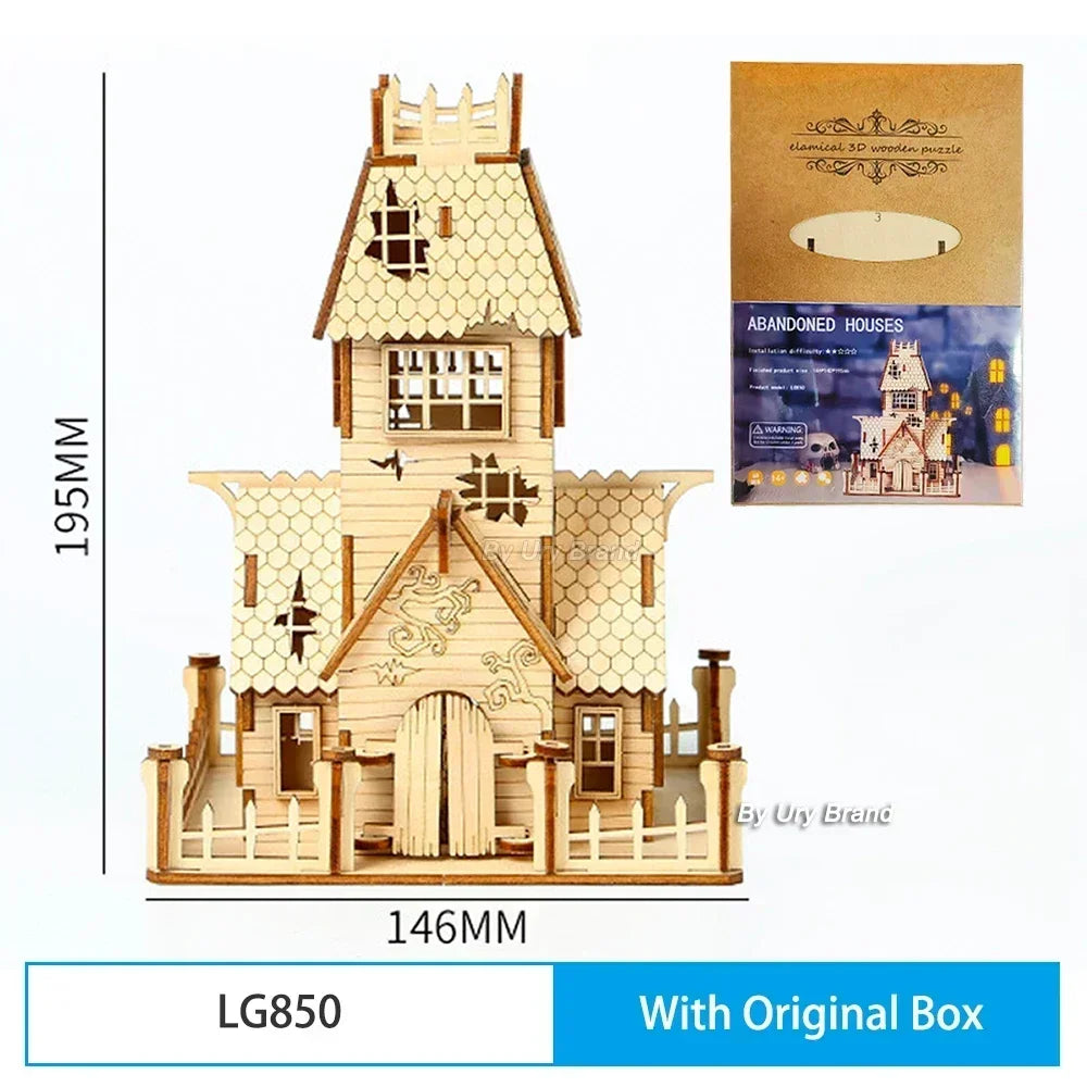 URY New 3D Wooden Puzzle Halloween Holiday Gift Ghost Tree House DIY Model Assembly Craft Kits Desk Decoration For Kids