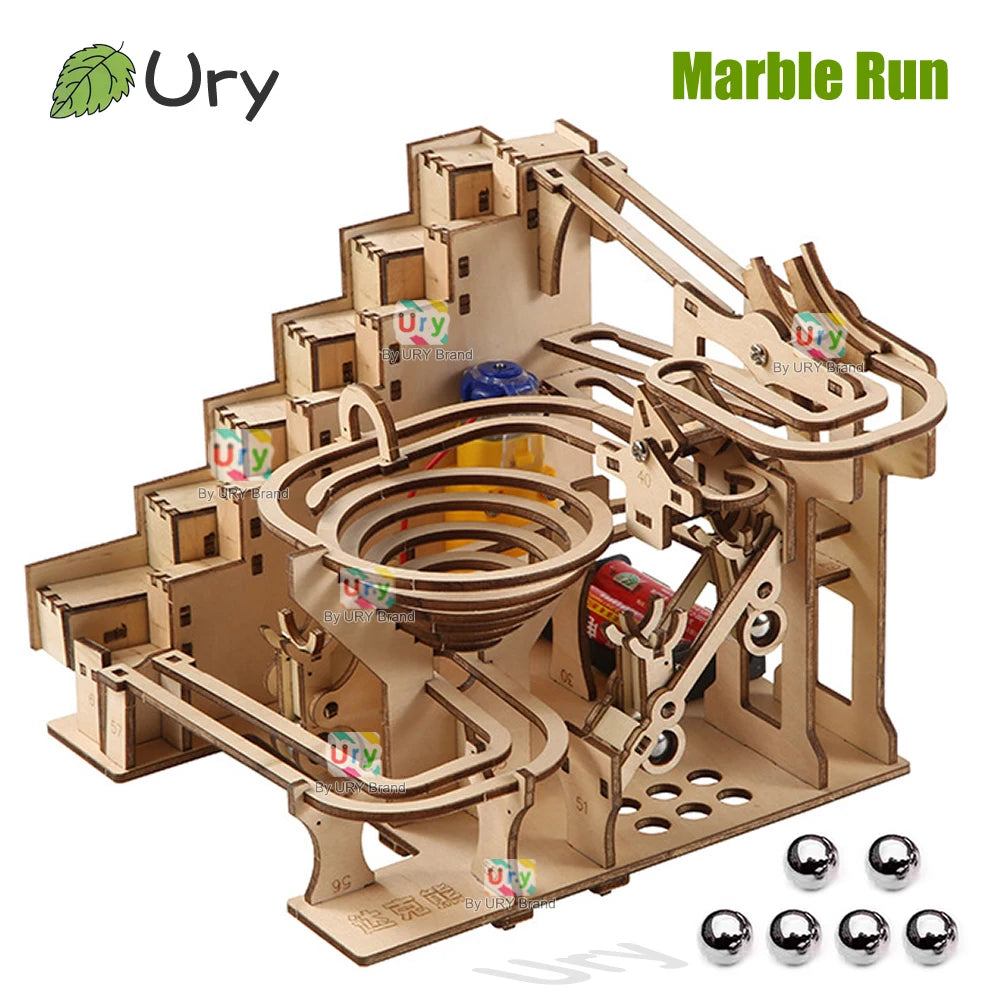 Ury 3D Wooden Puzzles Electric Staircase Track Device Marble Run Set Mechanical Model Science Maze 6 Balls Assembly Gift for Kid