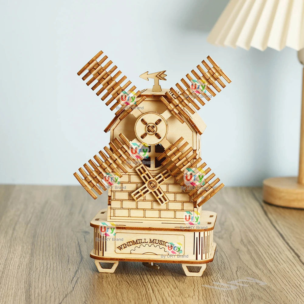 Rotatable DIY 3D Puzzles Windmill Ferris Wheel Music Octave Box Wooden Model Mechanical Kits Assembly Decor Toys Gifts for Kids