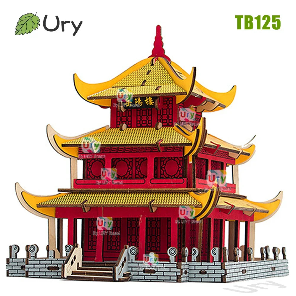 Ury 3D Wooden House Colorful Chinese Traditional Puzzle Building DIY Model Game Assembly Desktop Toy Gift for Children Adult