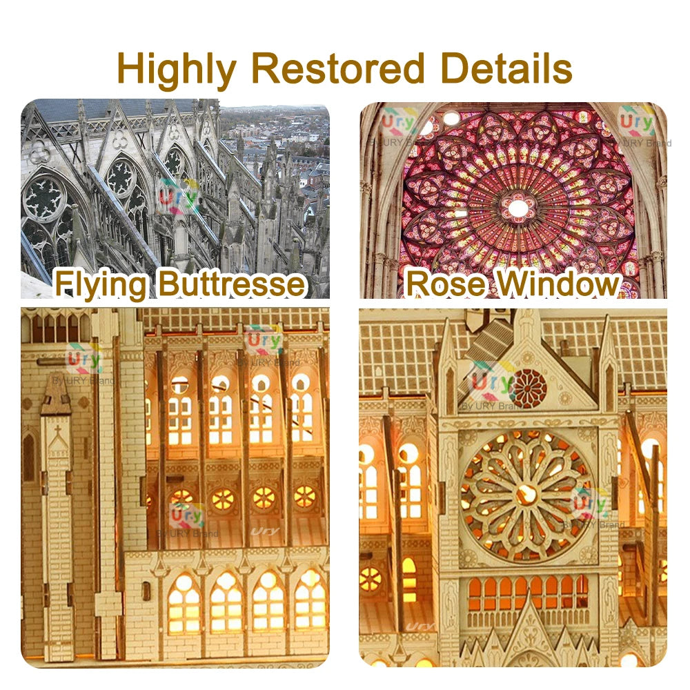 3D Wooden Puzzle Notre Dame Cathedral in Paris Royal Castle With Light Assembly Kits For Adult DIY Model Decoration for Gifts