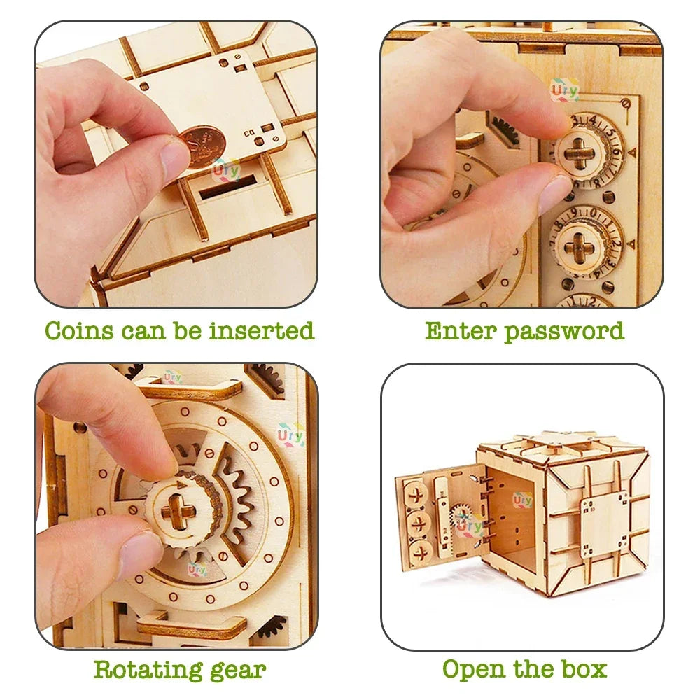 URY 3D Wooden Puzzle Password Treasure Money Box Piggy Bank DIY Advanced Assembly Model Toys Creative Gift for Lady Girls