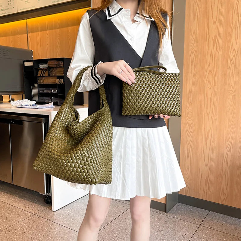 2025 Fashion Soft Hobo Weave Shoulder Handbag With Insert Organizer Woven Vegan Leather Top-handle Tote All-Match Underarm Bag