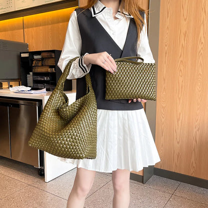 2025 Fashion Soft Hobo Weave Shoulder Handbag With Insert Organizer Woven Vegan Leather Top-handle Tote All-Match Underarm Bag