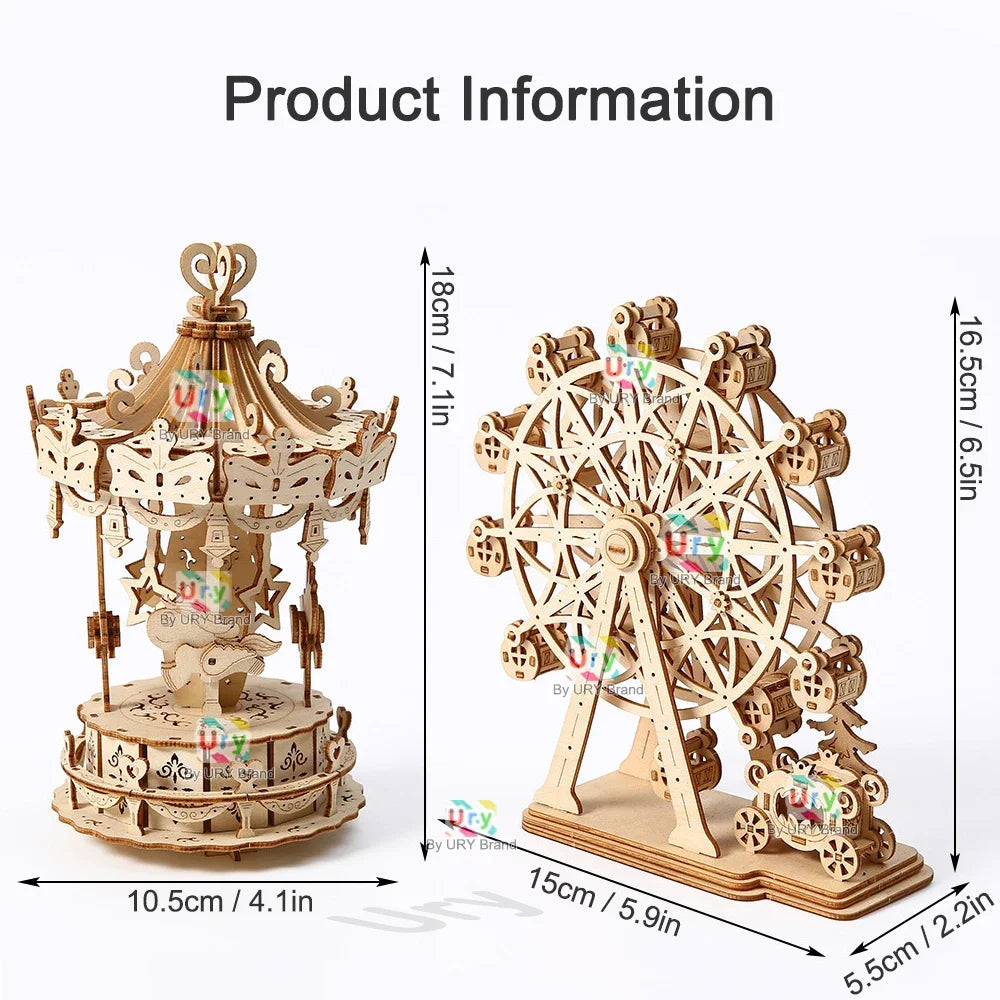 DIY Laser Cutting 3D Wooden Puzzle Ferris Wheel Carousel Mechanical Model Assembly Craft Kits Desk Decoration for Christmas Gift