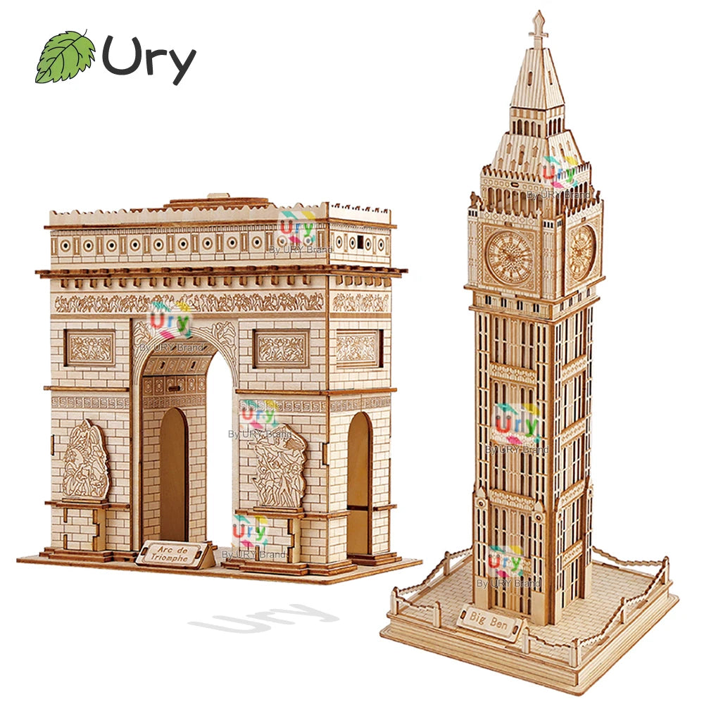 Ury 3D Wooden Puzzle Leaning of Pisa Big Ben Famous European UK Attractions Building World Architecture Model DIY Toy Decoration