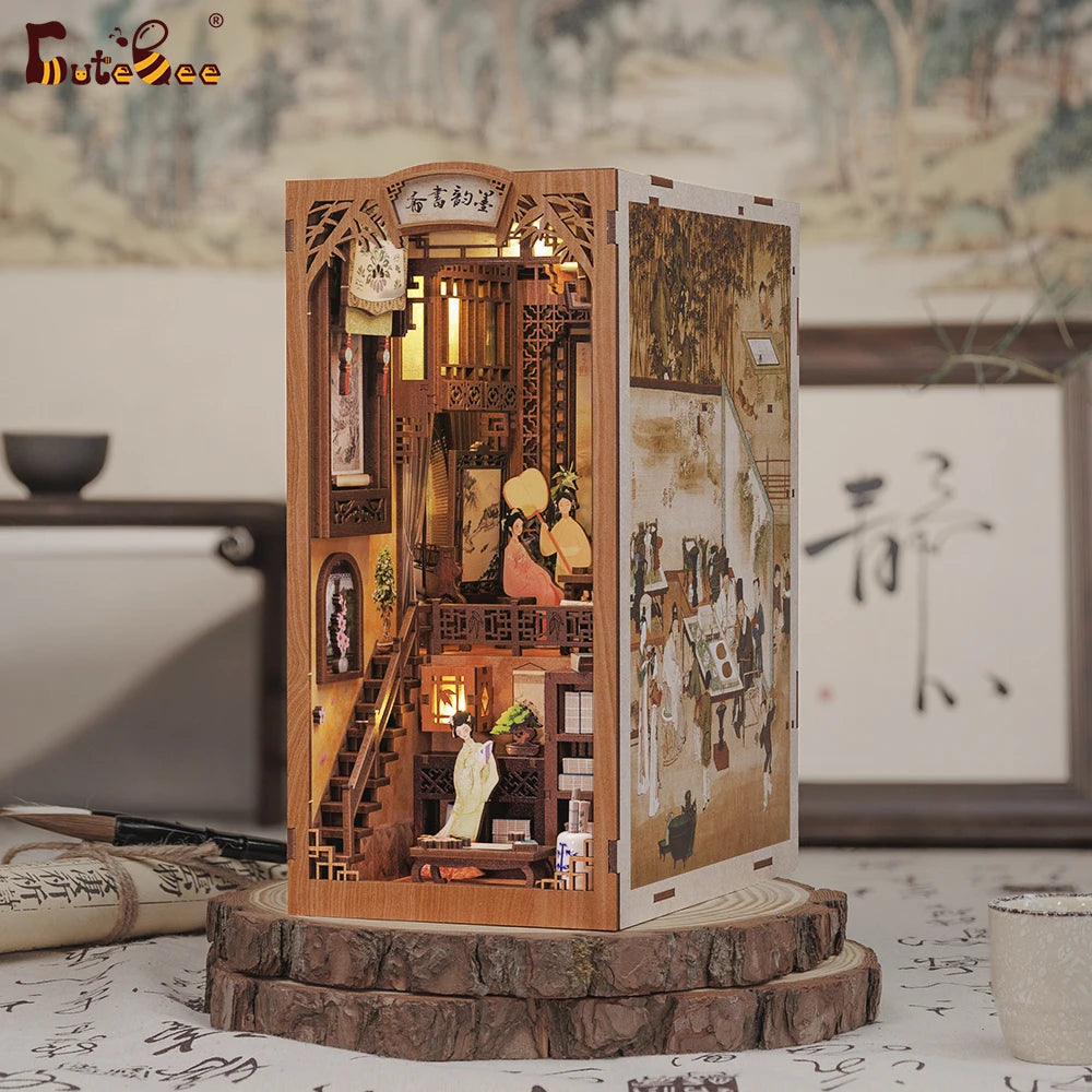 CUTEBEE Book Nook Dollhouse Kit With Touch Light Dust Cover DIY Miniature Doll House Toys For Birthday Gifts Ink Rhyme Bookstore