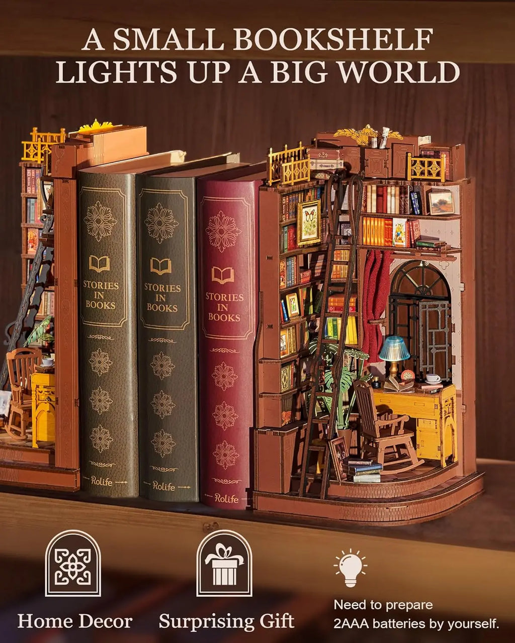 Robotime Silent Corner Study DIY Book Nook Shelf Insert Wooden Miniature Doll House for Bookshelf Insert Furniture TGE02