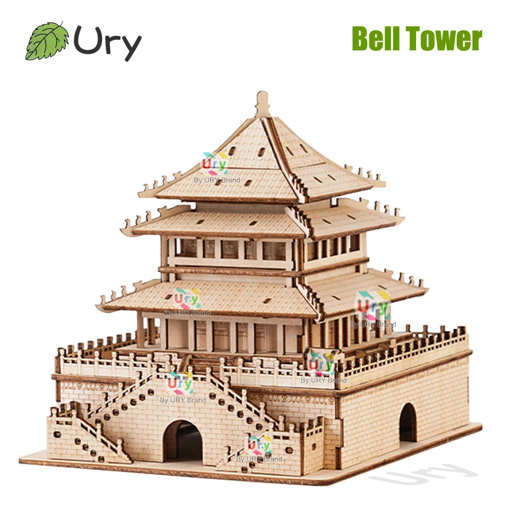 Ury 3D Wooden Puzzle Chinese Bell Tower Giant Wild Goose Pagoda Traditional Building DIY Model Assembly Desktop Gift for Adults