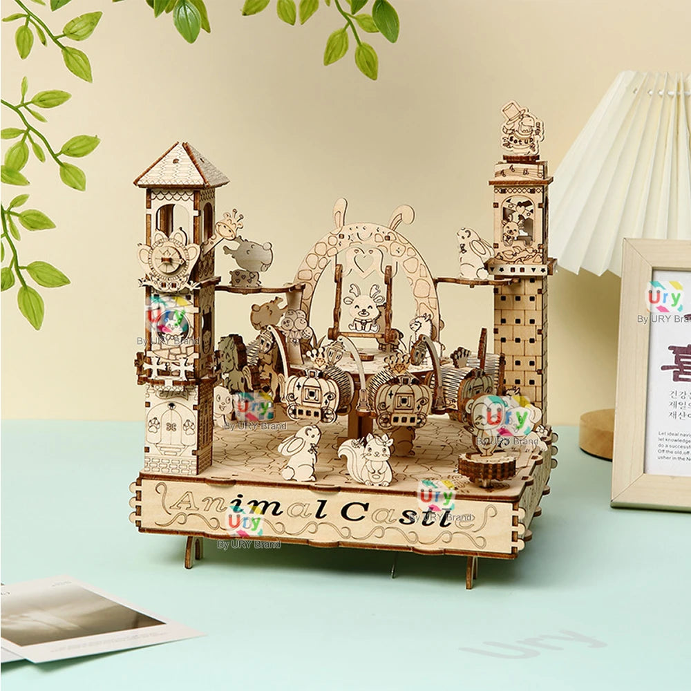 Rotatable DIY 3D Wooden Puzzles Electric Zoo Animals Amusement Park Turntable Model Mechanical Kits Decor Toys Gifts for Kids