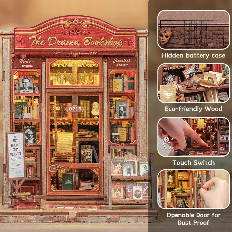 CUTEBEE Book Nook Kit DIY Doll House with LED Light Bookshelf Insert The Drama Bookshop Model Collection For Birthday Child Gift