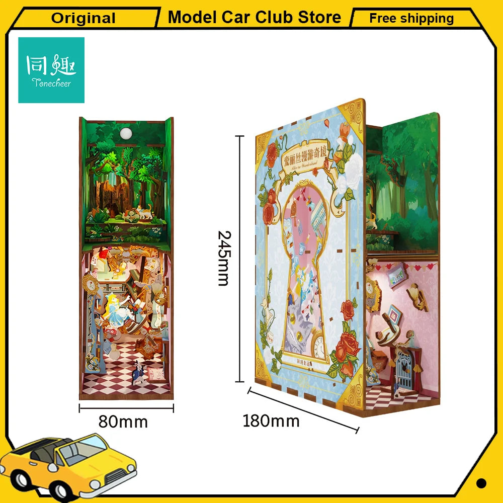Tonecheer Alice in Wonderland Book Nook Dollhouse DIY Diorama Model Kit 3D Wooden Puzzle Wooden Bookend Decoration Birthday Gift