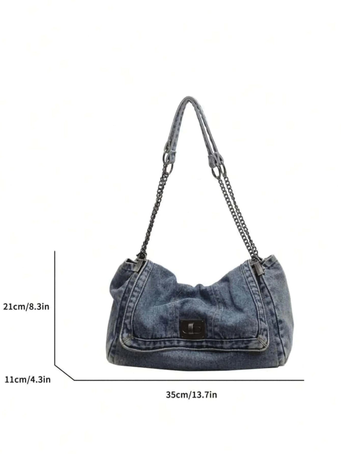 Denim Tote Bag with Metal Buckle and Chain Strap Deep Blue Light Blue Black Vintage Stitching Design for Women Non-Adjustable Sl