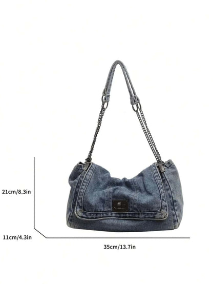 Denim Tote Bag with Metal Buckle and Chain Strap Deep Blue Light Blue Black Vintage Stitching Design for Women Non-Adjustable Sl