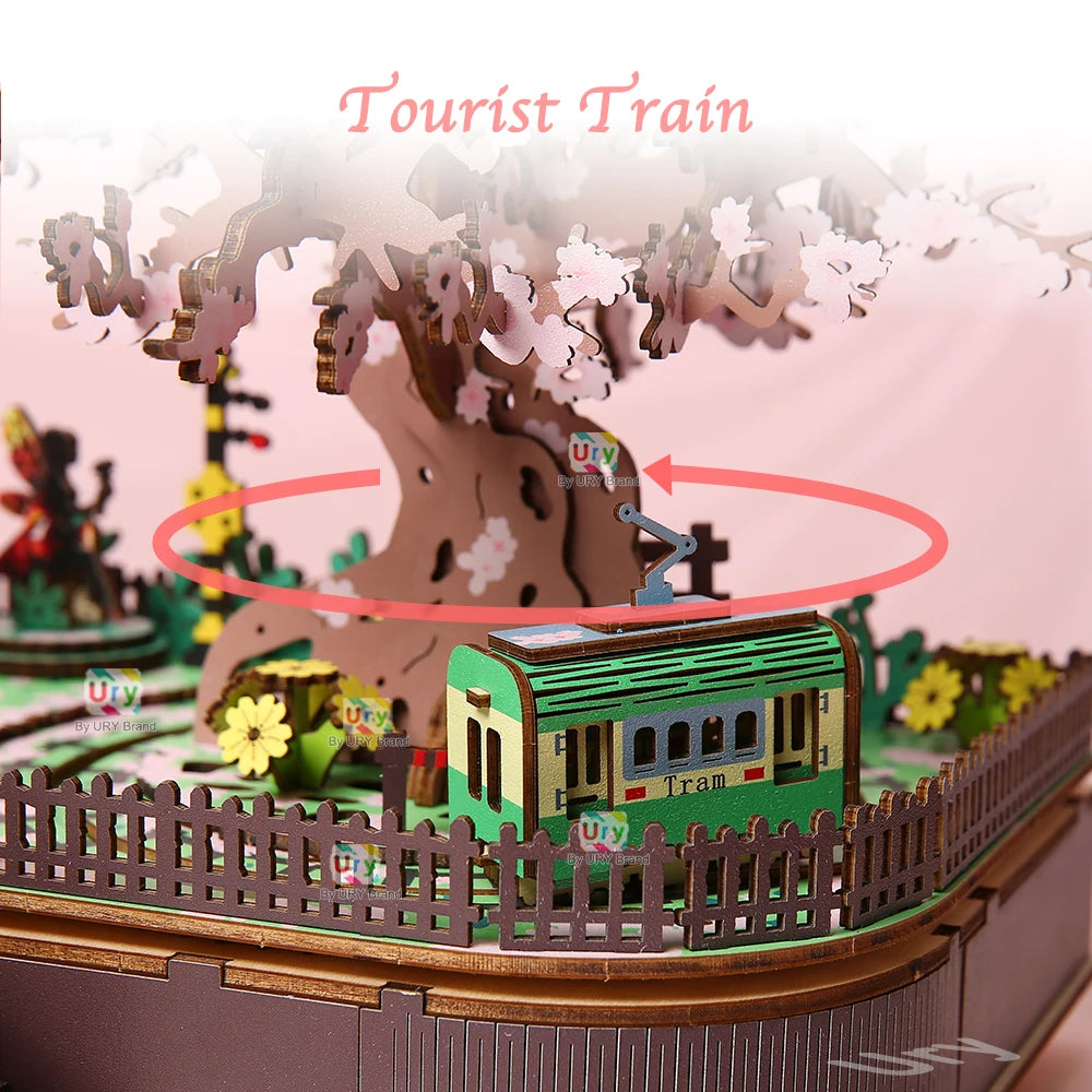 Ury 3D Wooden Puzzle Colorful Cherry Blossom Tree Rotatable Tourist Train Music Octave Box Model Assembly DIY Toy Gift for Adult