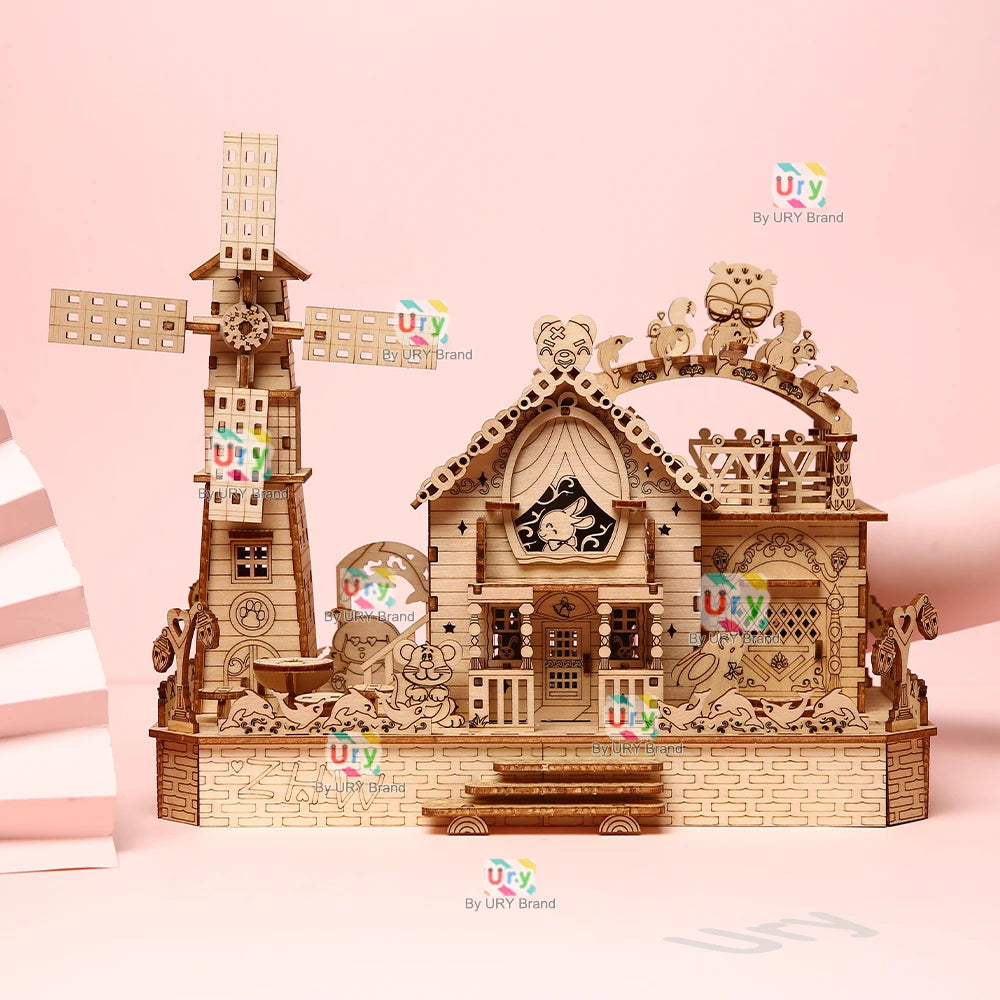 Rotatable DIY 3D Wooden Music Box Puzzles Electric Zoo Animals Hut House Model Mechanical Kits Decor Toys Gifts for Kids
