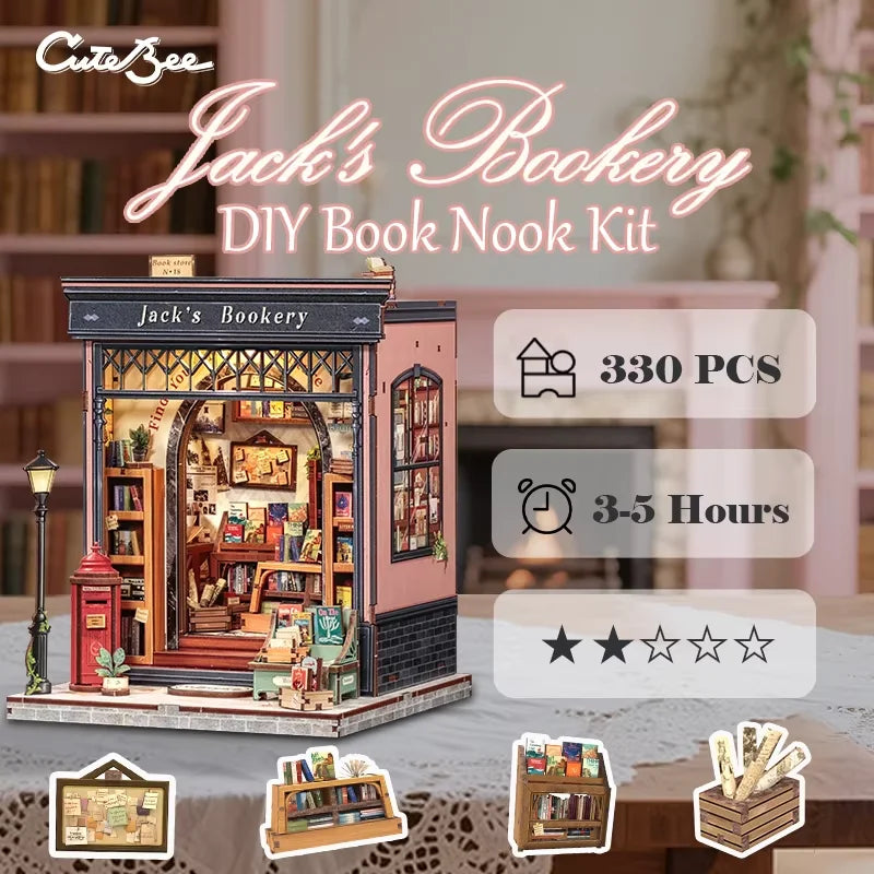CUTEBEE Book Nook Kit DIY Doll House with LED Light Bookshelf Insert Jack's Bookery Miniature Model For Birthday Family Gift
