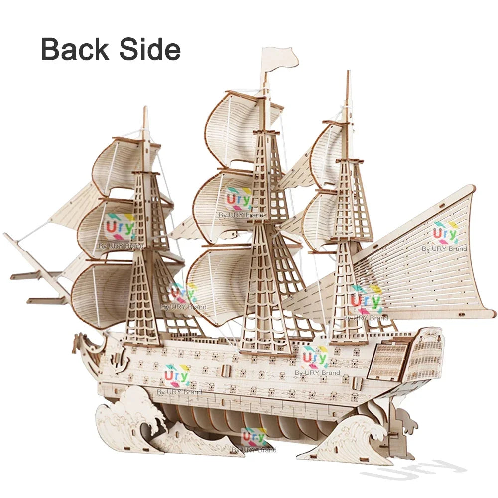 URY DIY 3D Wooden Puzzle Retro Sailboat Carrack Ship Model Kit Toys Handmade Set Home Desktop Decoration Christmas Gift for Kids