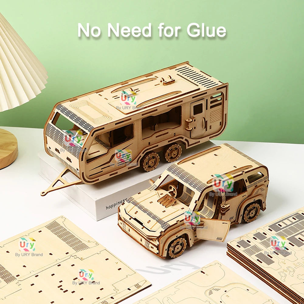 Ury 3D Wooden Puzzle Movable Caravan Travel Trailer Motor Home Handmade Assembly Truck Model DIY Toys Decoration Gift for Kids