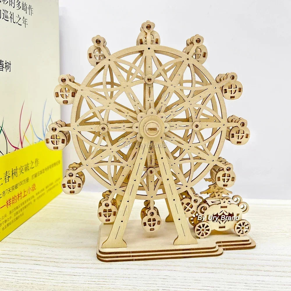 DIY Laser Cutting 3D Wooden Puzzle Ferris Wheel Carousel Mechanical Model Assembly Craft Kits Desk Decoration for Christmas Gift