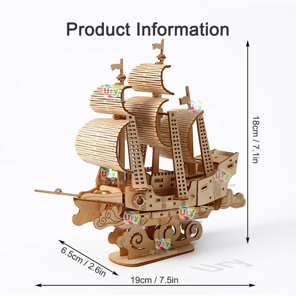 URY DIY 3D Wooden Puzzle Retro Style Sailboat Shipping Model Kits Toys Handmade Set Home Desktop Decoration Christmas Gifts