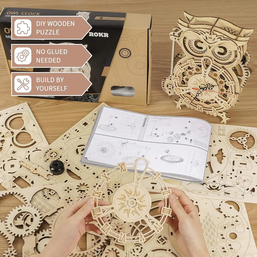 Robotime ROKR 3D Wooden Puzzle Owl Clock Model Building Kit Toys for Children Kids Boys LK503