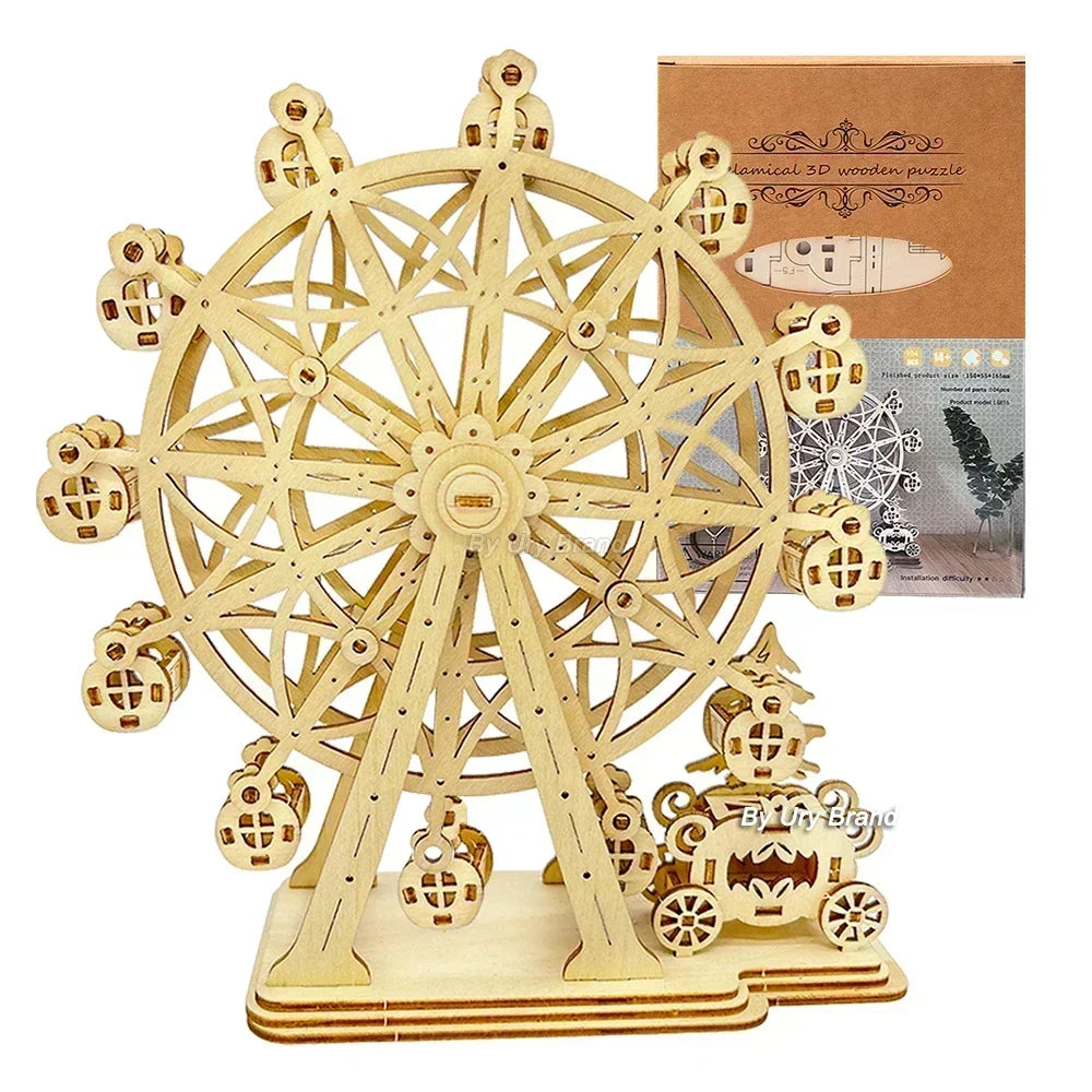 DIY Laser Cutting 3D Wooden Puzzle Ferris Wheel Carousel Mechanical Model Assembly Craft Kits Desk Decoration for Christmas Gift