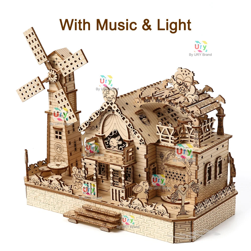 Rotatable DIY 3D Wooden Music Box Puzzles Electric Zoo Animals Hut House Model Mechanical Kits Decor Toys Gifts for Kids