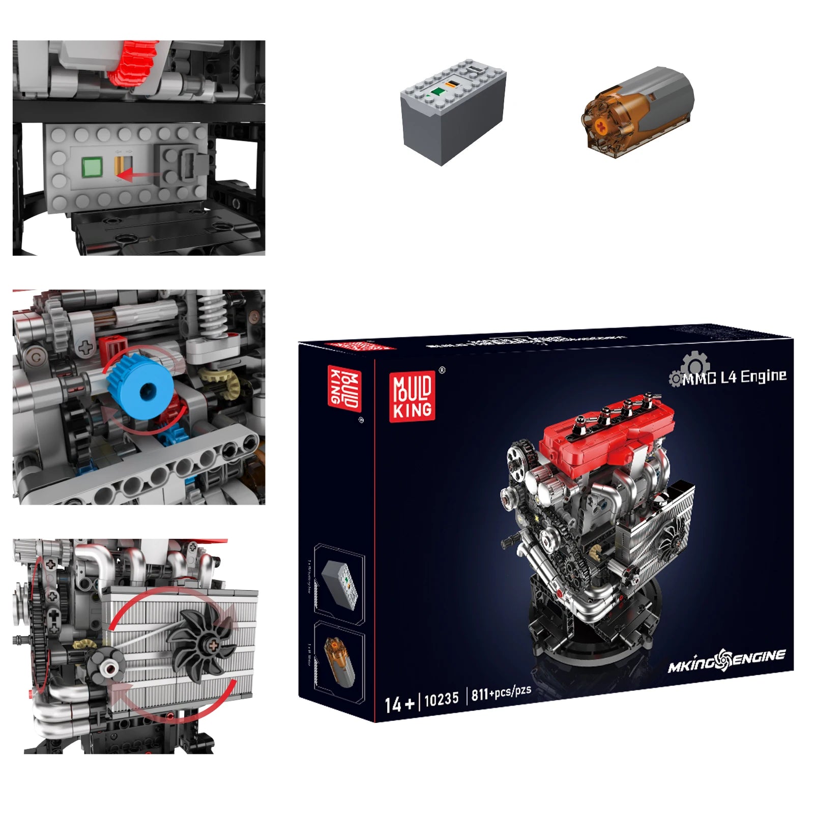 Mould King 811pcs 10235 Retro Inline 4-cylinder Engine Model Small Building Blocks Model PF Motor Display Holiday Gift For Kids