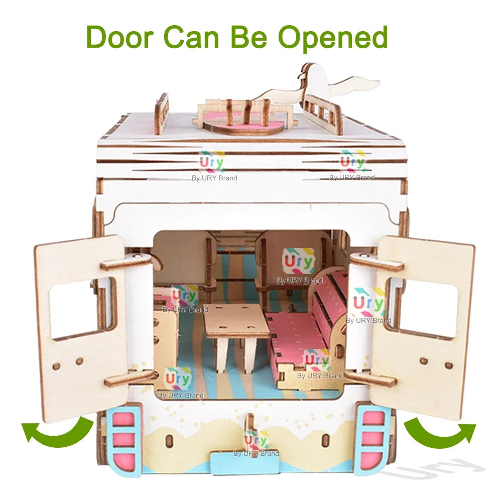 Ury 3D Wooden Puzzle Colorful Dessert Cart Beach Camping RV Truck Movable Retro Vehicle Assembly Model Decoration Gift for Kids