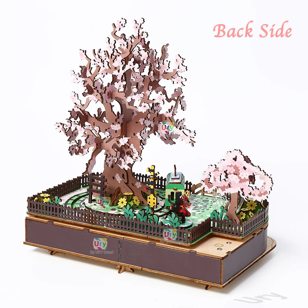 Ury 3D Wooden Puzzle Colorful Cherry Blossom Tree Rotatable Tourist Train Music Octave Box Model Assembly DIY Toy Gift for Adult