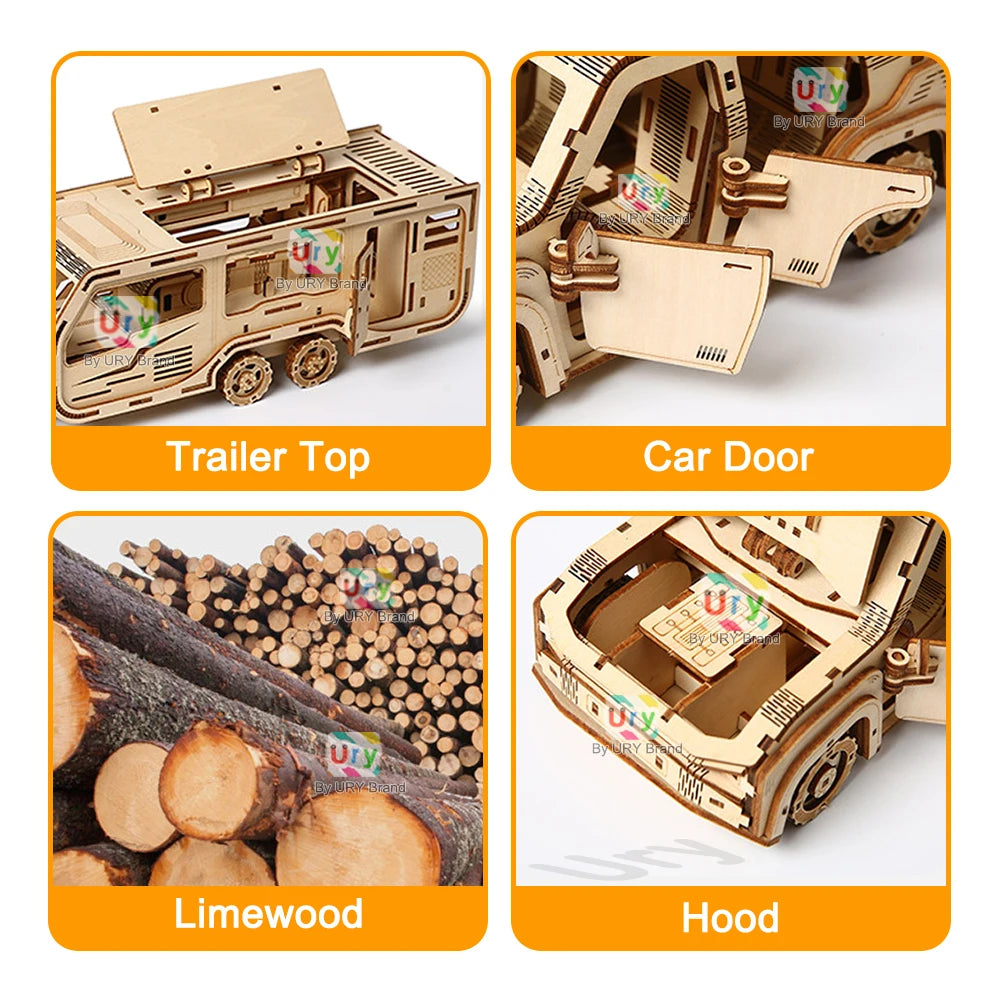 Ury 3D Wooden Puzzle Movable Caravan Travel Trailer Motor Home Handmade Assembly Truck Model DIY Toys Decoration Gift for Kids