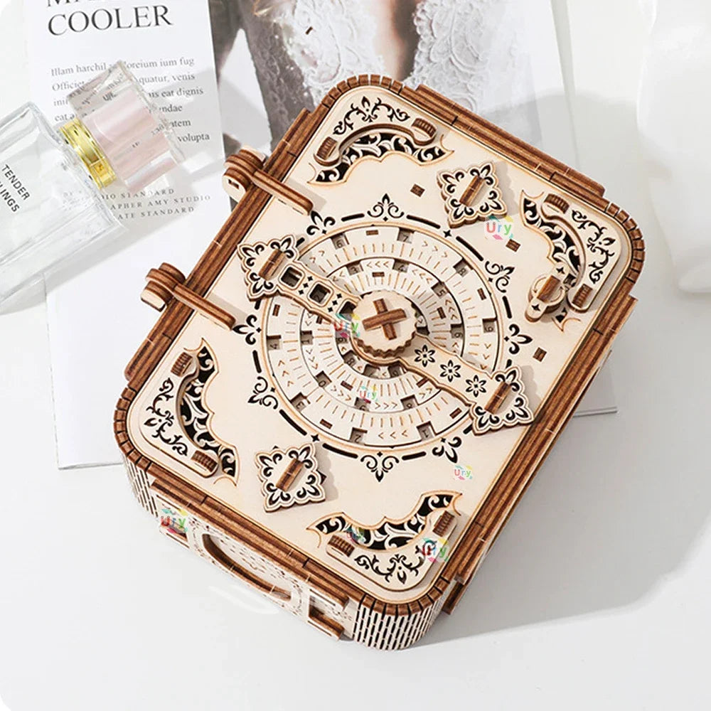 URY 3D Wooden Puzzle Music Antique Password Treasure Box Lockbox DIY Advanced Assembly Model Toys Creative Gift for Lady Girls