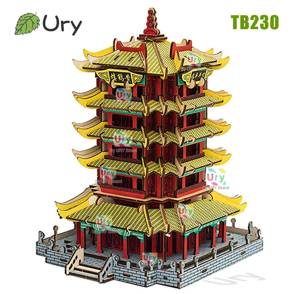 Ury 3D Wooden House Colorful Chinese Traditional Puzzle Building DIY Model Game Assembly Desktop Toy Gift for Children Adult