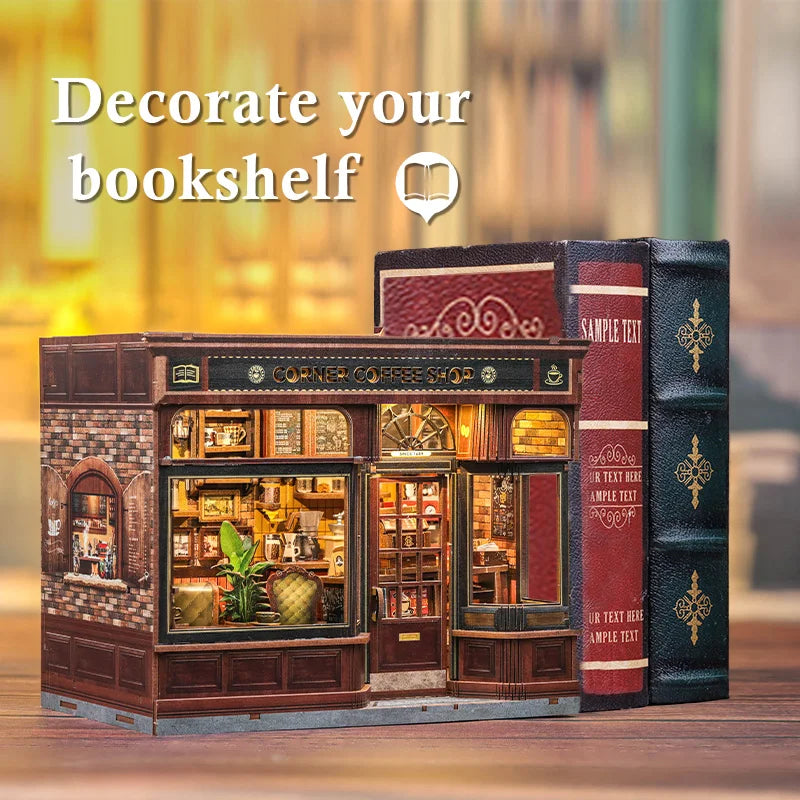 CUTEBEE Book Nook Kit DIY Doll House with LED Light Bookshelf Insert CORNER COFFEE SHOP Miniature Model For Birthday Family Gift