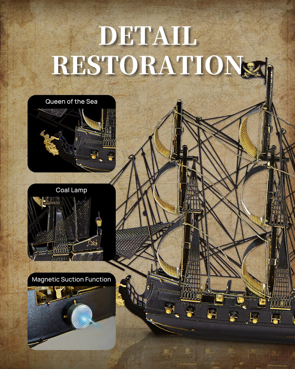 Piececool 3D Metal Model Kits The Black Pearl Refrigerator Magnet 3D Metal Puzzles for Home Decoration DIY Jigsaw Set