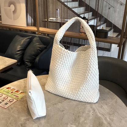 2025 Fashion Soft Hobo Weave Shoulder Handbag With Insert Organizer Woven Vegan Leather Top-handle Tote All-Match Underarm Bag