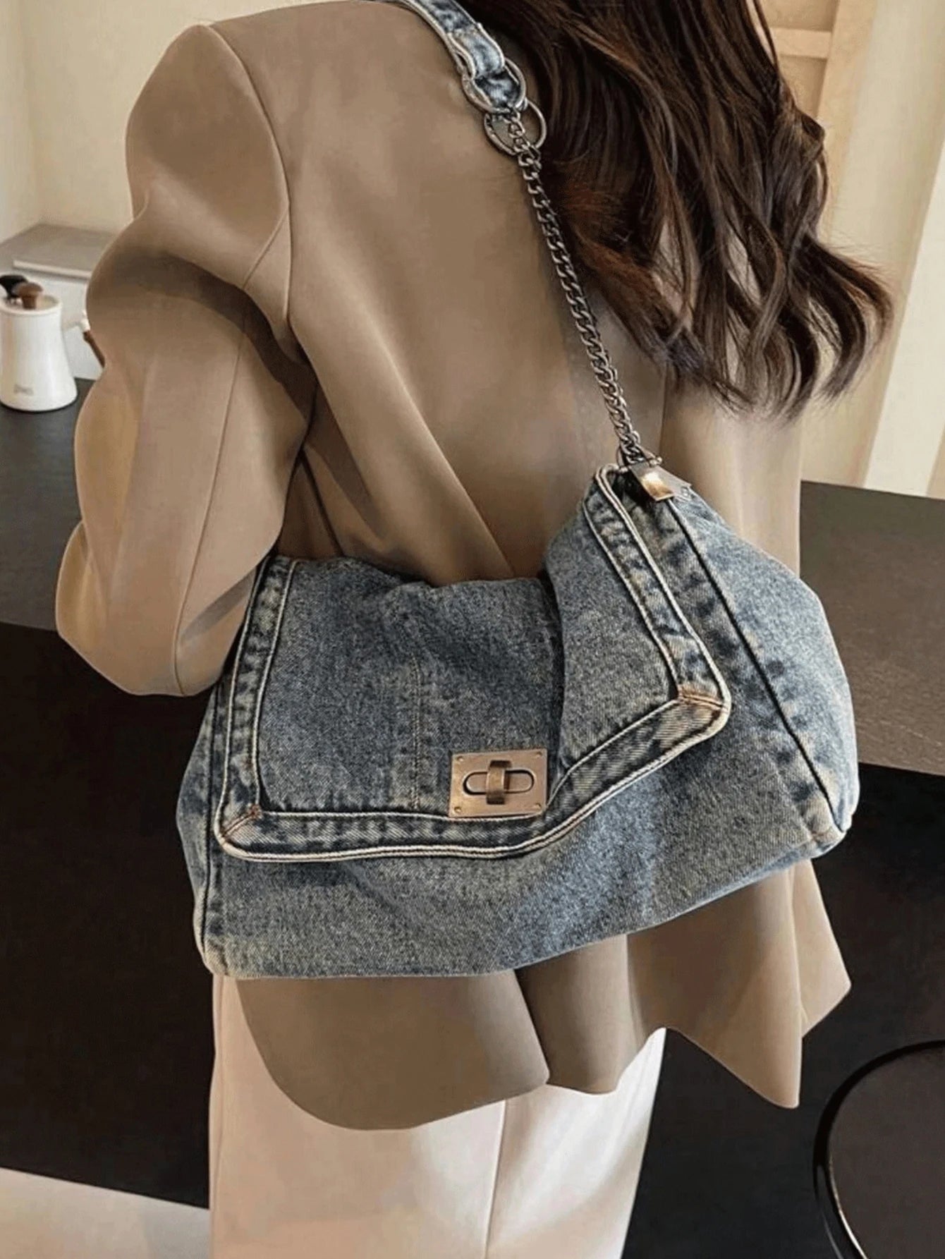 Denim Tote Bag with Metal Buckle and Chain Strap Deep Blue Light Blue Black Vintage Stitching Design for Women Non-Adjustable Sl