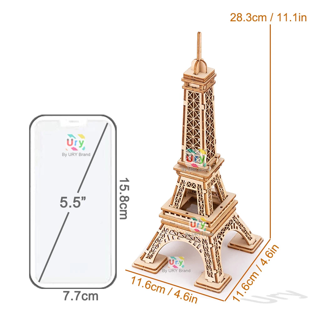 Ury 3D Wooden Puzzle Paris Eiffel Tower with Light Famous European Classics Building World Architecture Model DIY Toy Decoration